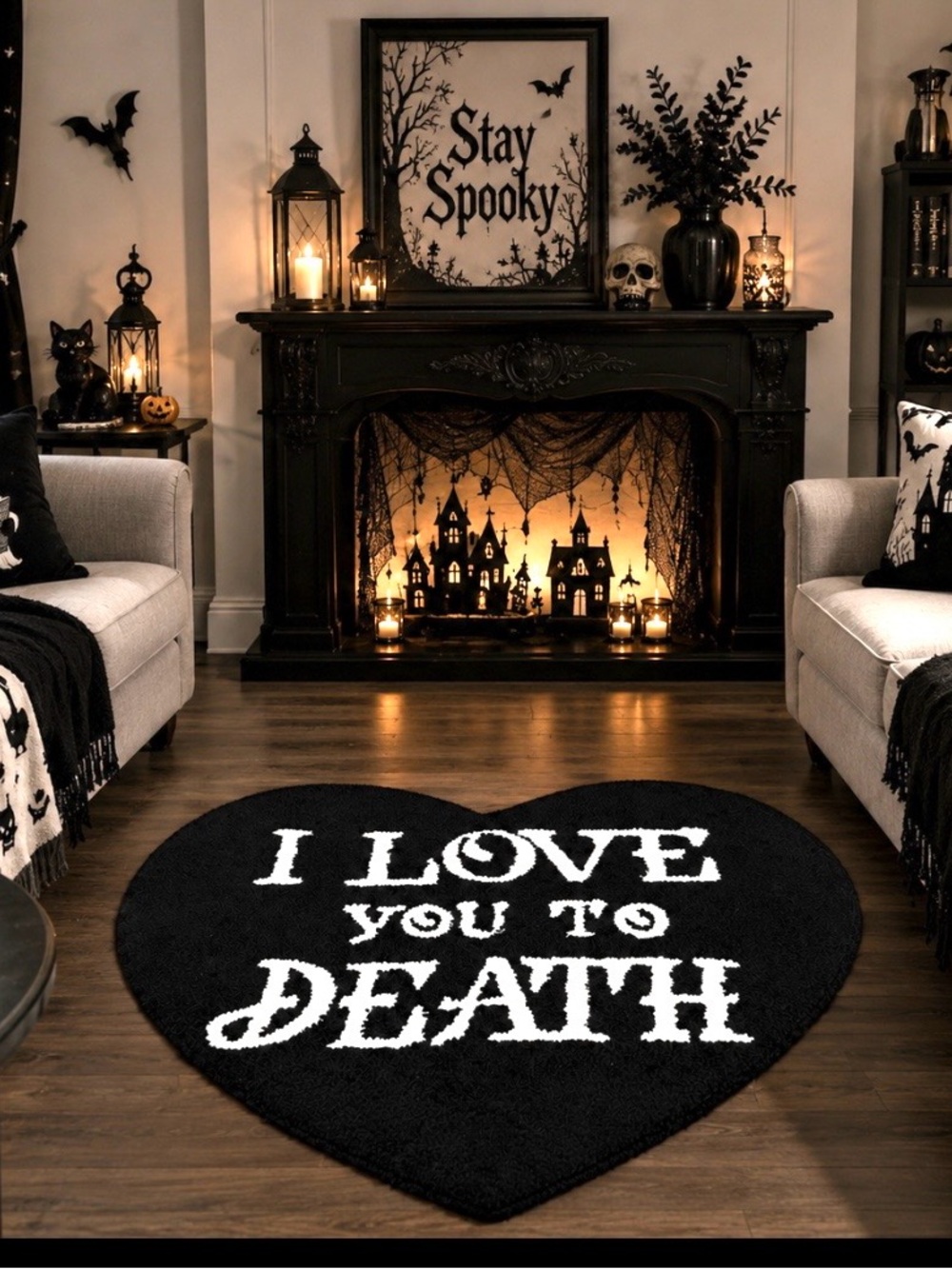 HALLOWEEN HOOKED ACCENT RUG BLACK HEART GOTHIC DEATH CANVAS BACK 25X25 VIRAL